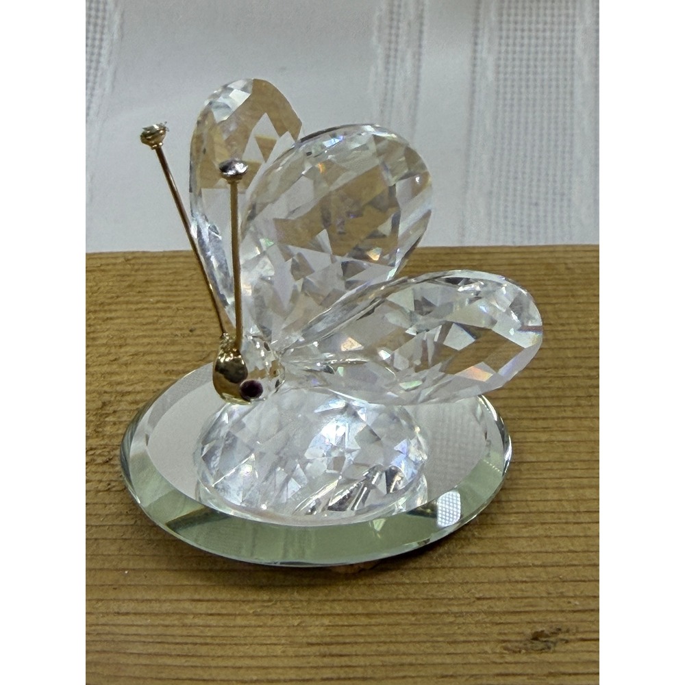Vintage Faceted Crystal Butterfly Figurine with Mirrored Base Gold Tone Antennae